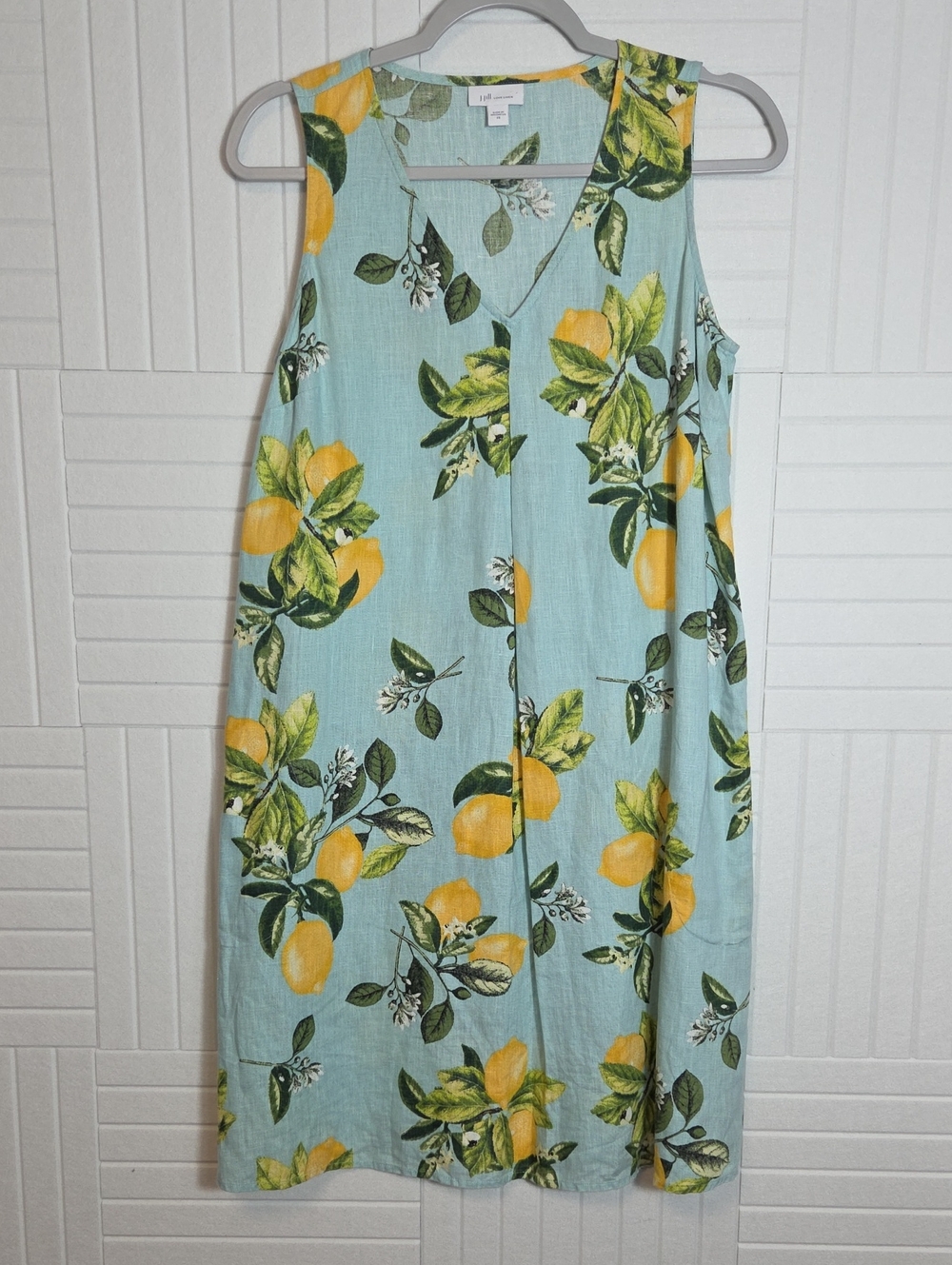 J. Jill Love Linen Light Blue Lemon V Neck Sleeveless Dress Size XS